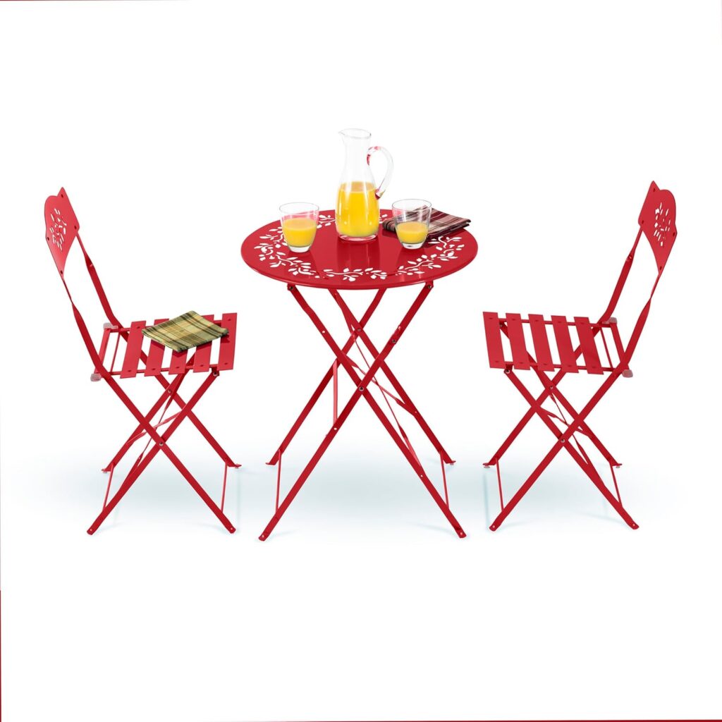 Colorful folding steel 3-piece patio bistro set with two chairs and square table, compact budget-friendly outdoor furniture for balconies and small patios
