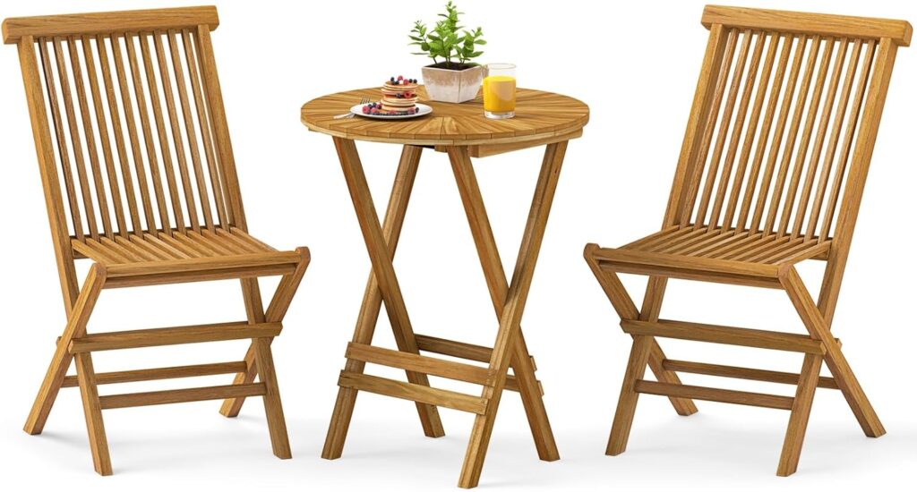 Foldable teak wood outdoor bistro set with two slatted chairs and matching patio table for balconies, patios, and poolside seating