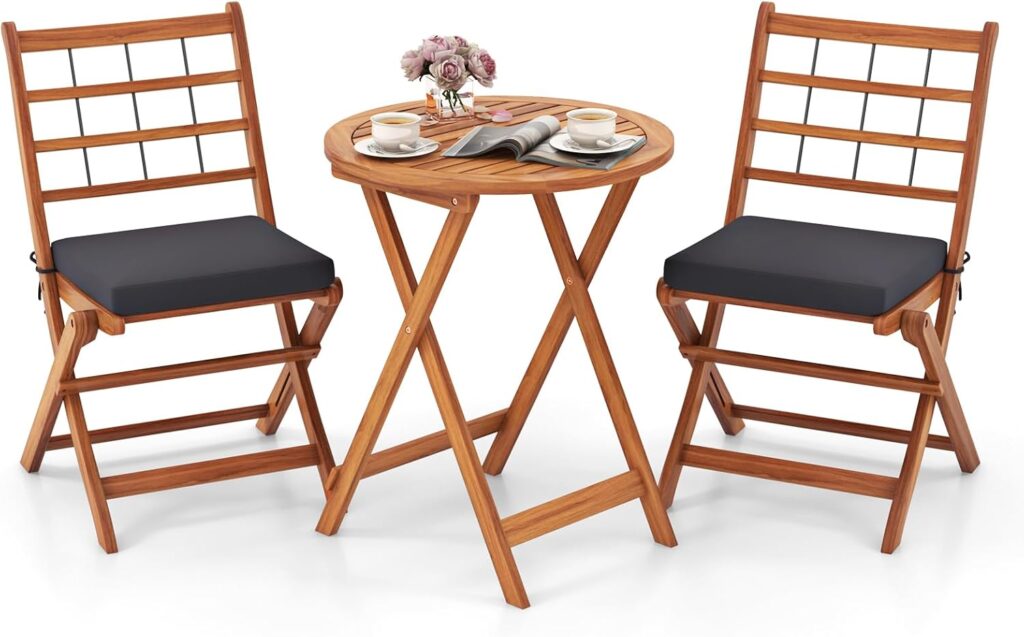 Three-piece folding acacia wood bistro set with cushioned chairs and compact table, designed for small patios, balconies, and outdoor seating spaces