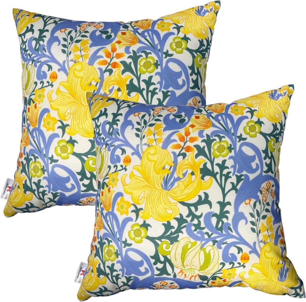 Set of two 18x18 waterproof outdoor throw pillows with patterned design, decorative patio cushions for bistro chairs, balconies, and garden seating