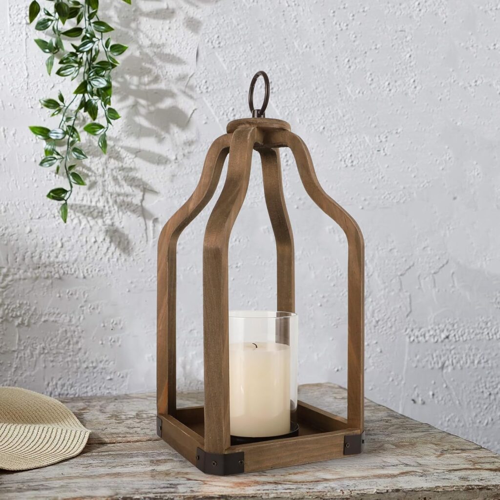 Rustic farmhouse wood lantern candle holder with distressed brown fir wood frame and glass hurricane candle insert displayed as a decorative centerpiece for indoor or outdoor home décor