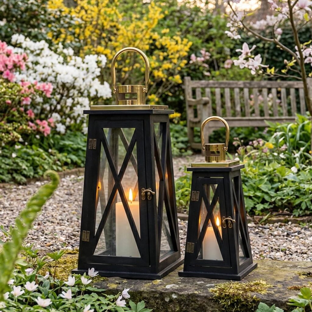 TRIROCKS farmhouse decorative lantern featuring a white wooden frame, tempered glass panels, stainless steel top, and oversized handle displayed as rustic indoor and outdoor home décor