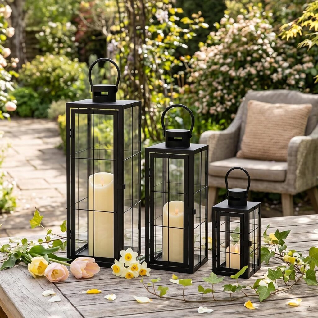 TRIROCKS metal candle lantern set featuring three black lanterns in varying sizes with tempered glass panels and hanging rings displayed as decorative indoor and outdoor home décor