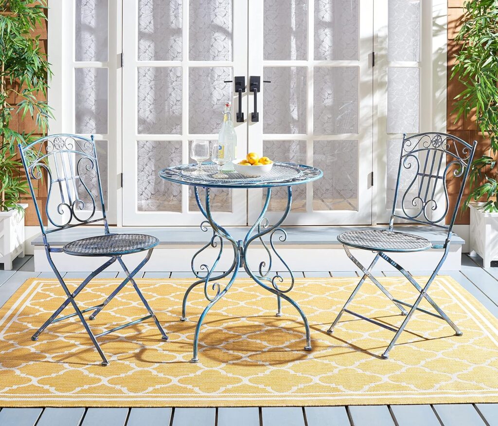 Antique mossy blue wrought iron 3-piece outdoor bistro set with two chairs and round table, classic patio furniture set for patios, porches, and garden seating areas