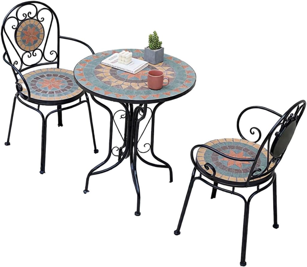 European style mosaic bistro table and chairs set with tile top on patio balcony