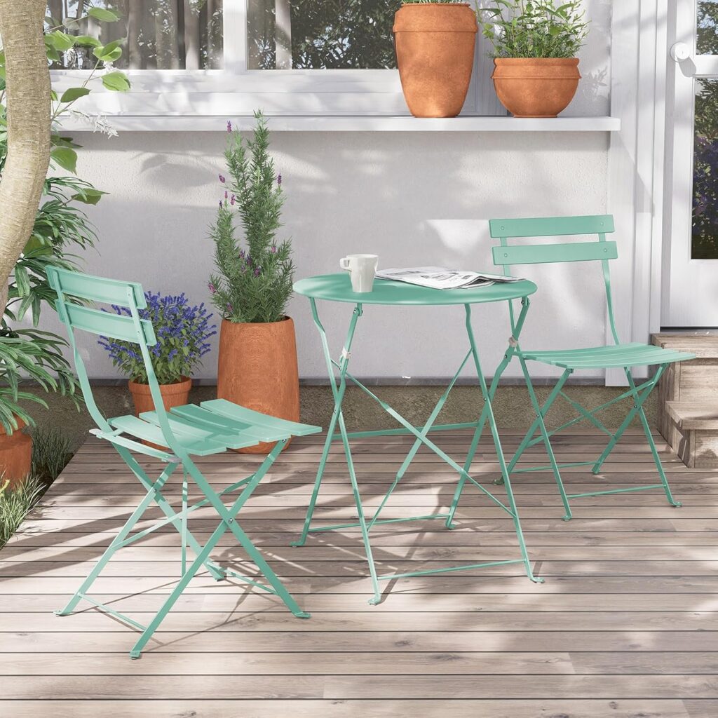 Folding steel patio bistro set with round table and two chairs, outdoor balcony furniture set