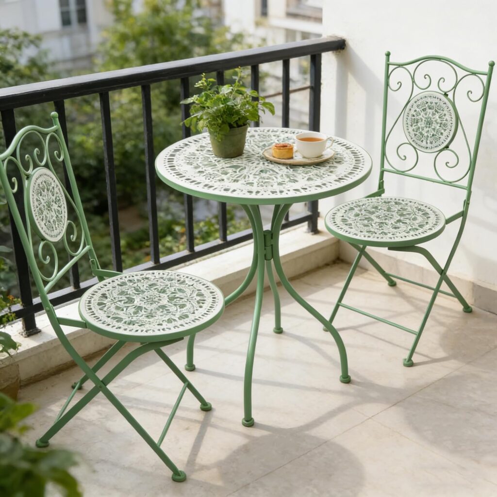 Green mosaic outdoor bistro table set with two folding chairs in a garden patio setting