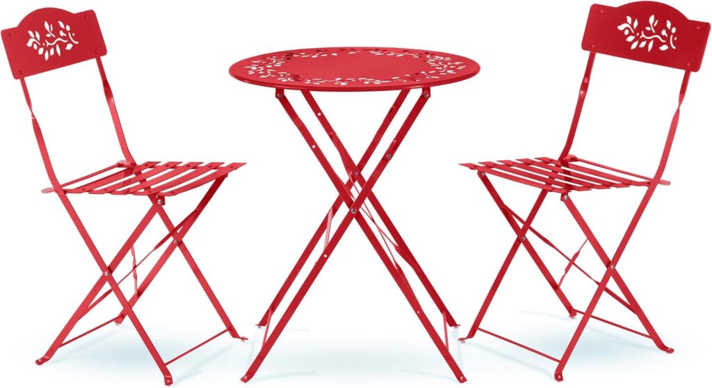 Vibrant red folding steel 3-piece patio bistro set with two chairs and a compact square table, durable outdoor furniture set for small patios, balconies, and indoor outdoor dining spaces